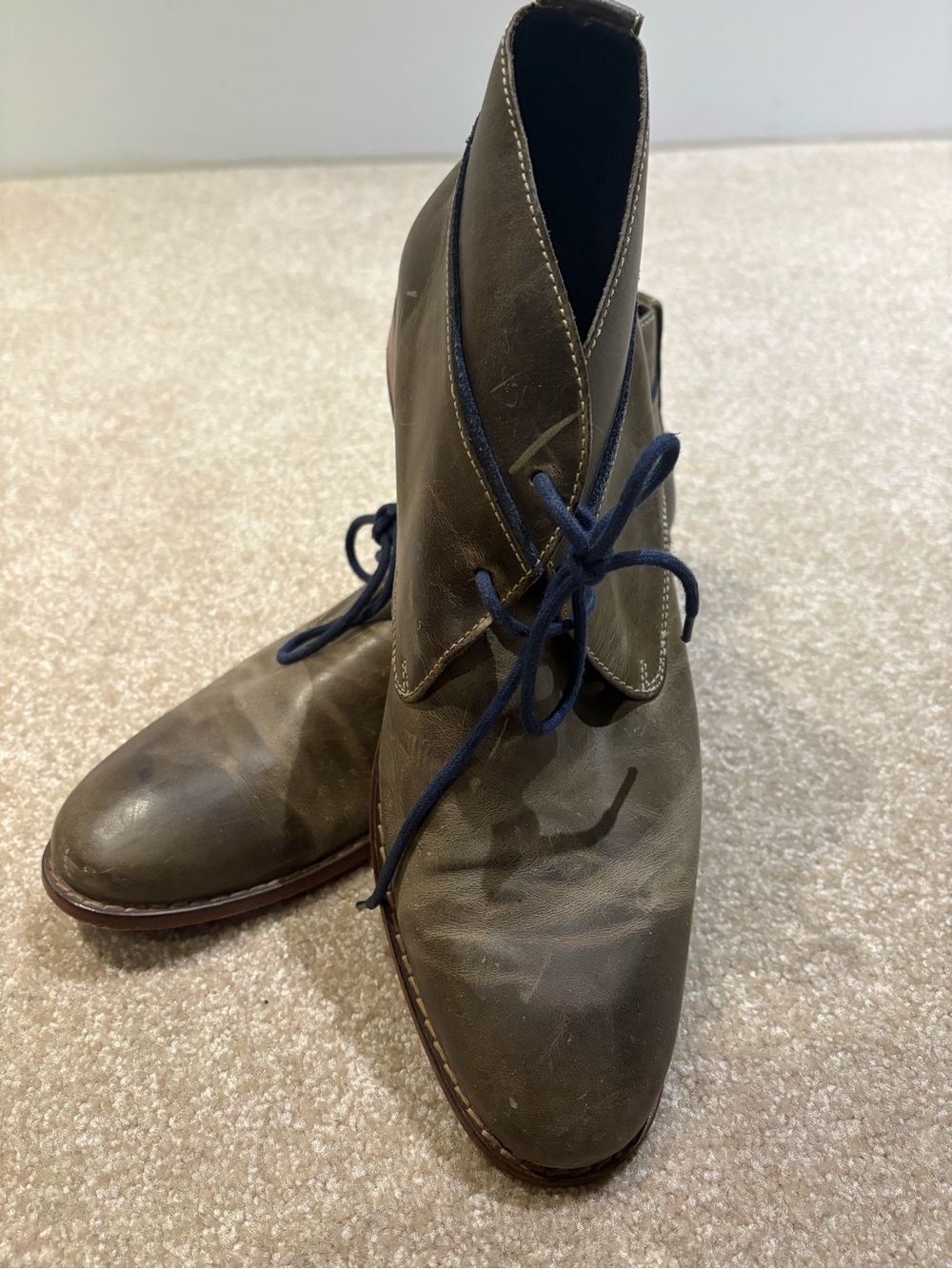 Cole Haan Olive Green Leather Chukka Boots with Navy Laces